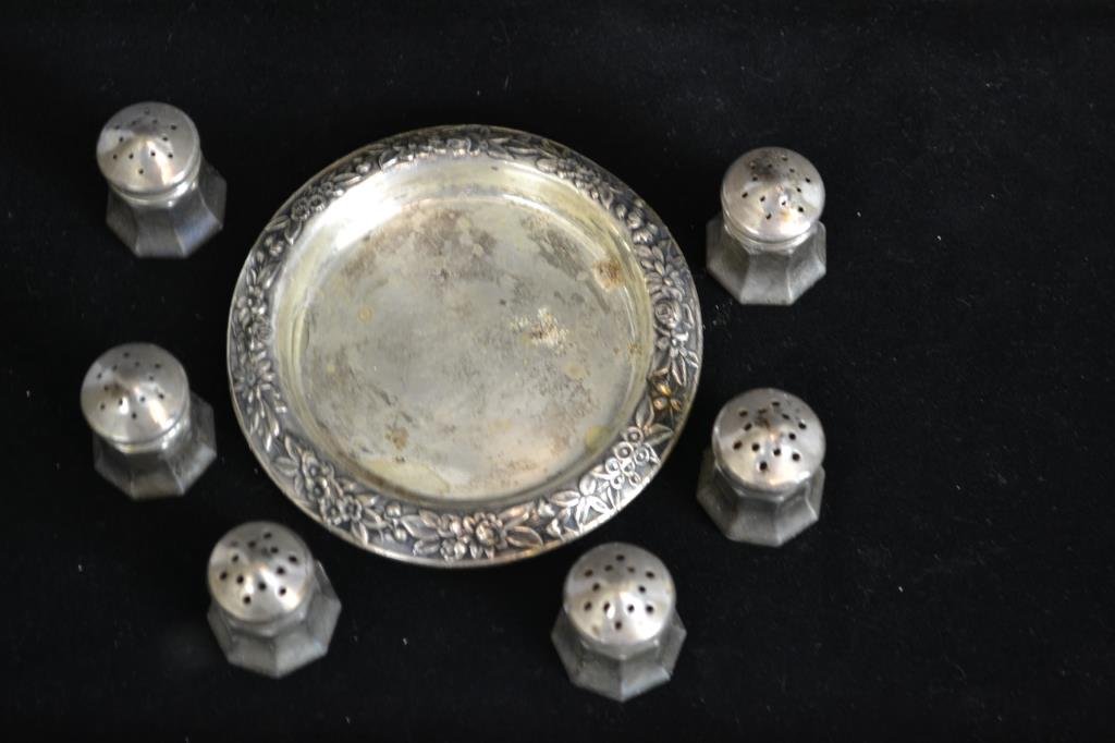 Sterling Silver Salts: Six Sterling silver salts, along with a Sterling coaster, appx 3.3 ozT