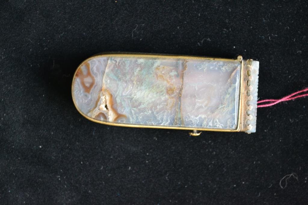 Late 19th / Early 20thC Match Safe: Late 19th / earlt 20th C match safe with polished stone body (mineral unknown) has two cracks, standing 2.75"H