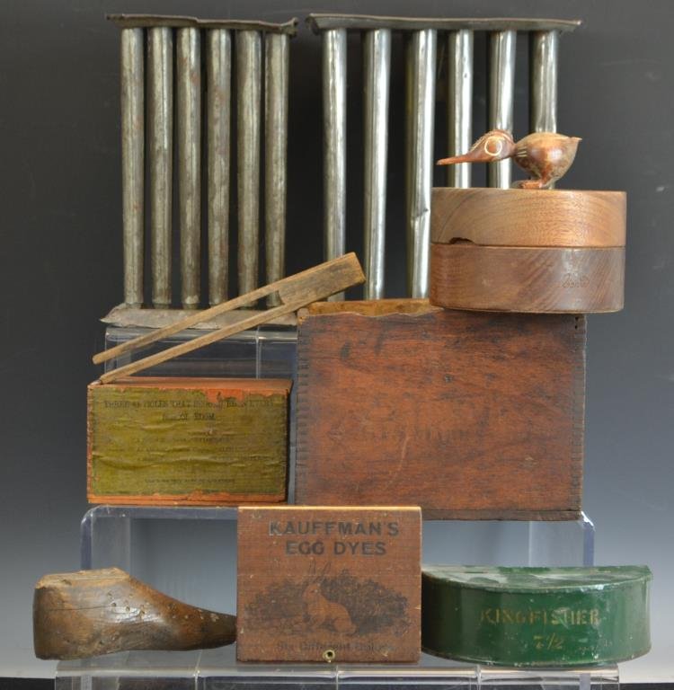 Antique Tinware and Decorative Lot: Antique Tinware and decorative lot including two tin candle molds, a Kauffman's wooden Egg Dye box, a small "Perfec Pure Cinnamon [unintelligible] " in a lovely small box with dovetail construction, a