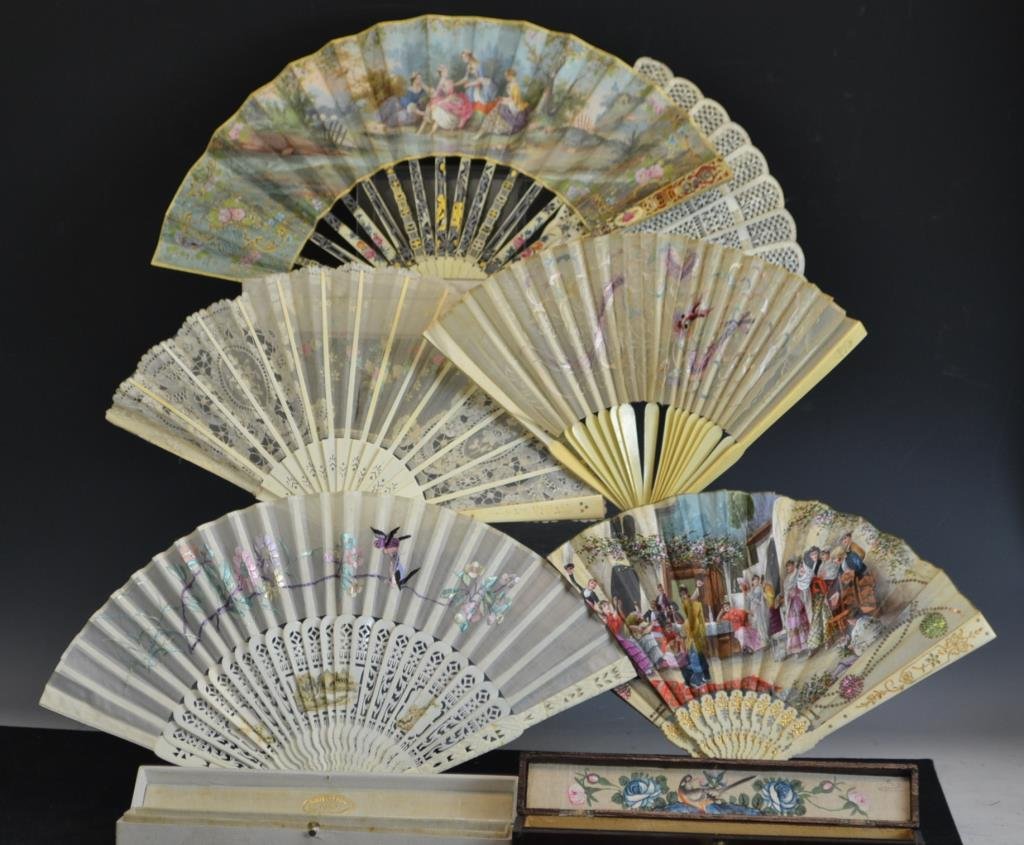Collection of Six Antique Ivory and Bone Fans: Antique Ivory and bone fans, consisting of; one fan with European scenes on paper, one pierced Ivory fan, two on embroidered lace (one has floral embroidery, the other has an embroidered Chinese drago