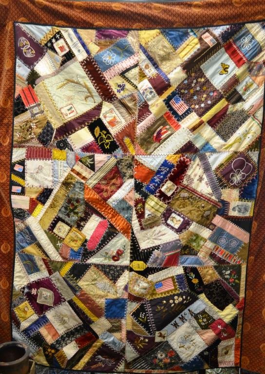 19th C Crazy Quilt: 19th C Crazy quilt, made from various political and period silk ribbons and silk advertising including; "Union Daviodson Order of Railway Conduction Committee" dated 1887, English Tobacco silk, Elks s