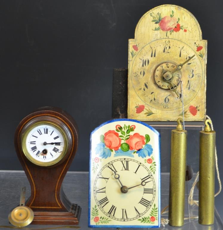 Two Wag on the Wall Clocks: Two Wag in the Wall clocks; one 19thC, the other early 20thC - both missing pendulum, one with weights, along with a Mahogany desk clock missing lens