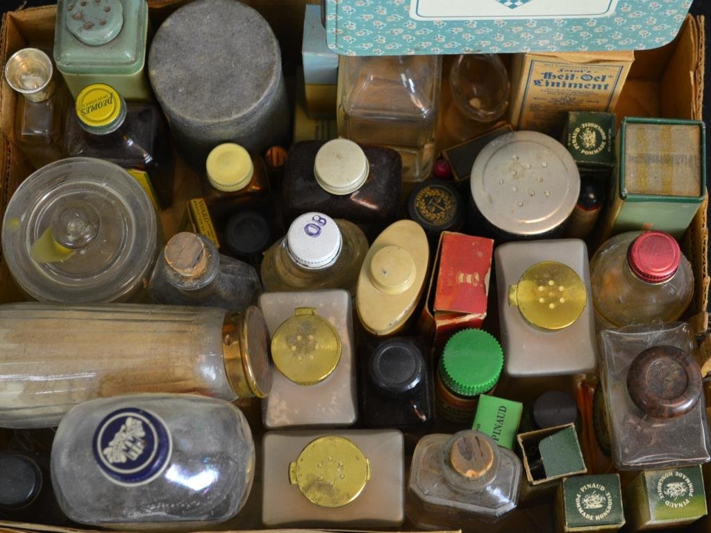 Collection of Early Advertising Boxes and Bottles: Collection of early advertising boxes and bottles, including; a Glycerine bottle from "Heighes & Hildebrand Pharmacy corner of Market and Beaver in York PA", a "Campho-Phenique camphor and phenol in a