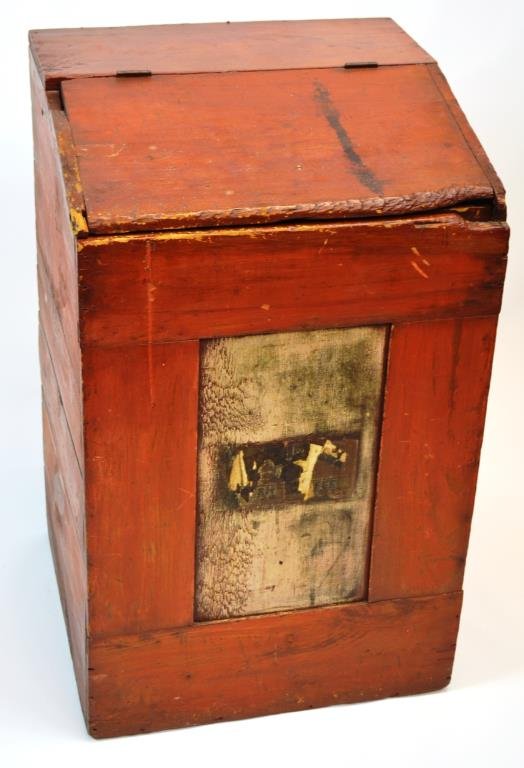Painted Coffee Box, 19th C: 19th C stained and painted grain box/ coffee box, retaining partial coffee label 34"h x 20w x 20"d