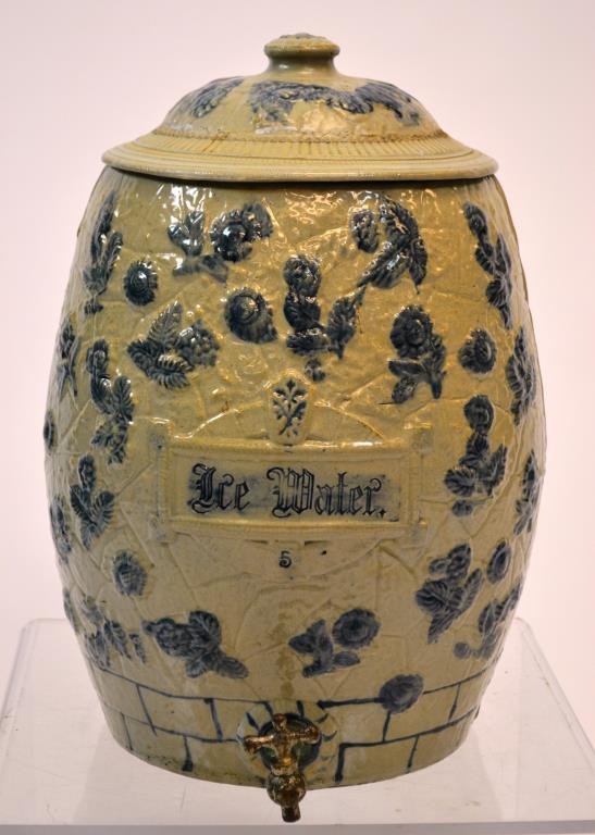 Stoneware Water Cooler, 19th C: 19th C Stoneware Water Cooler, molded with blue decoration, original lid and spout