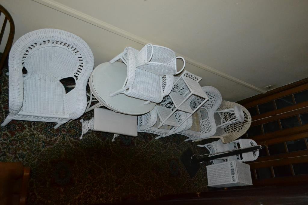 White Wicker Patio Furniture Set: White wicker patio furniture set, consisting of four large chairs, a white wicker table with glass top, stools, side tables, and one accent table with wrought iron base in white paint (thirteen pieces
