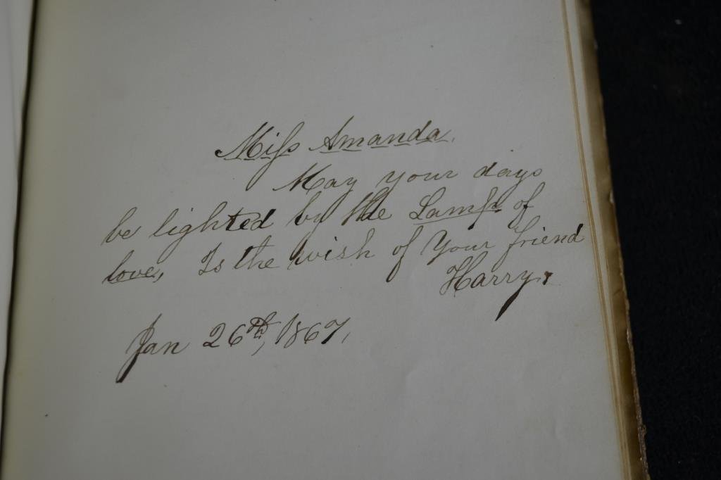 August 1861 Dedicated Folk Art Autograph Book from: Folks art book, dated August 1861 "to Amanda M. Smyser as a token of regard from her brother Albert" dedication signed "Hellam, Sept 1861" book has writings throughout, addressed to Amanda