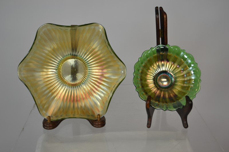 Two Green Fenton Stippled Ray Vessels: Two Fenton Carnival glass vessels with the Stippled ray pattern; one a candy dish and the other a fruitbowl, both by Fenton, largest measuring 9.5" dia