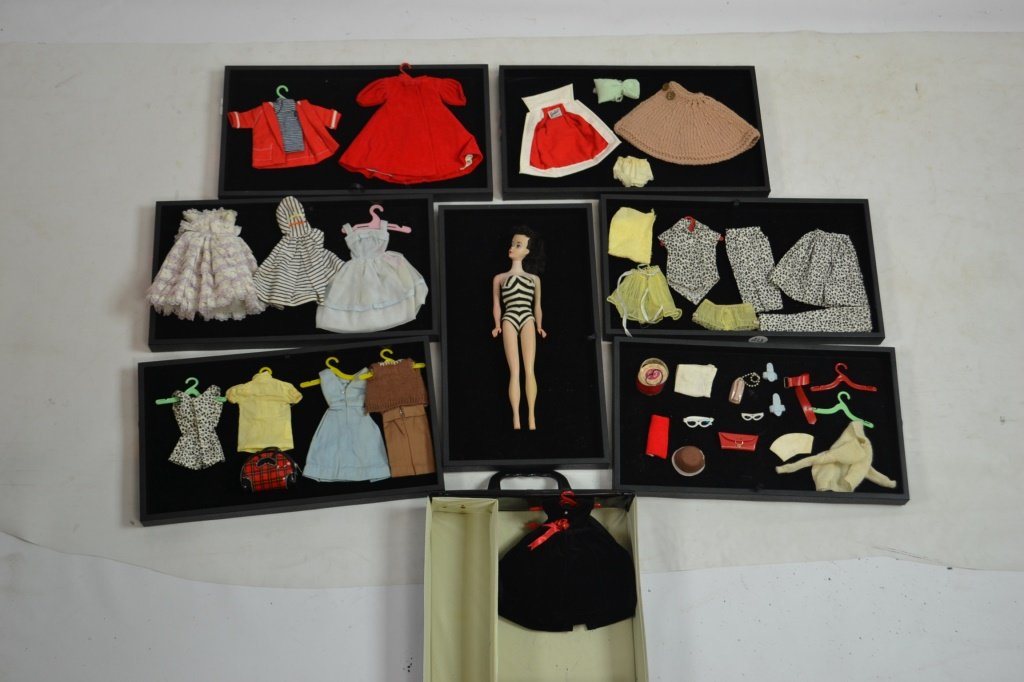 Early Barbie and Ken Doll With Accessories and Cas: Early Barbie and Ken, with vintage accessories, and case; Barbie is marked B38 on left buttock- accessories include; two clutch purses, a telephone, two pairs of sunglasses, a shoebag flled with vario
