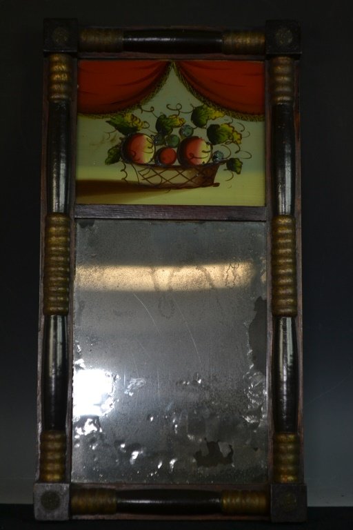19th C Sheraton Mirror with Eglomise Panel: 19th C Sheraton mirror with Eglomise panel featuring a basket of fruit , retains original mirror, item measuries17.5" x 22.5"