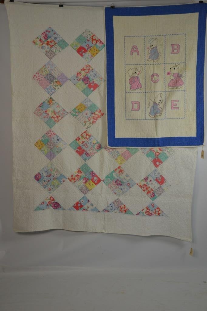 Two Early 20th C Quilts: Two early 20thC quilts, including a baby quilt with ABCs and animals measuring 2' 7" x 3' 8" and a Diamond quilt measuring 5' 1" x 6' 4" Condition: excellent