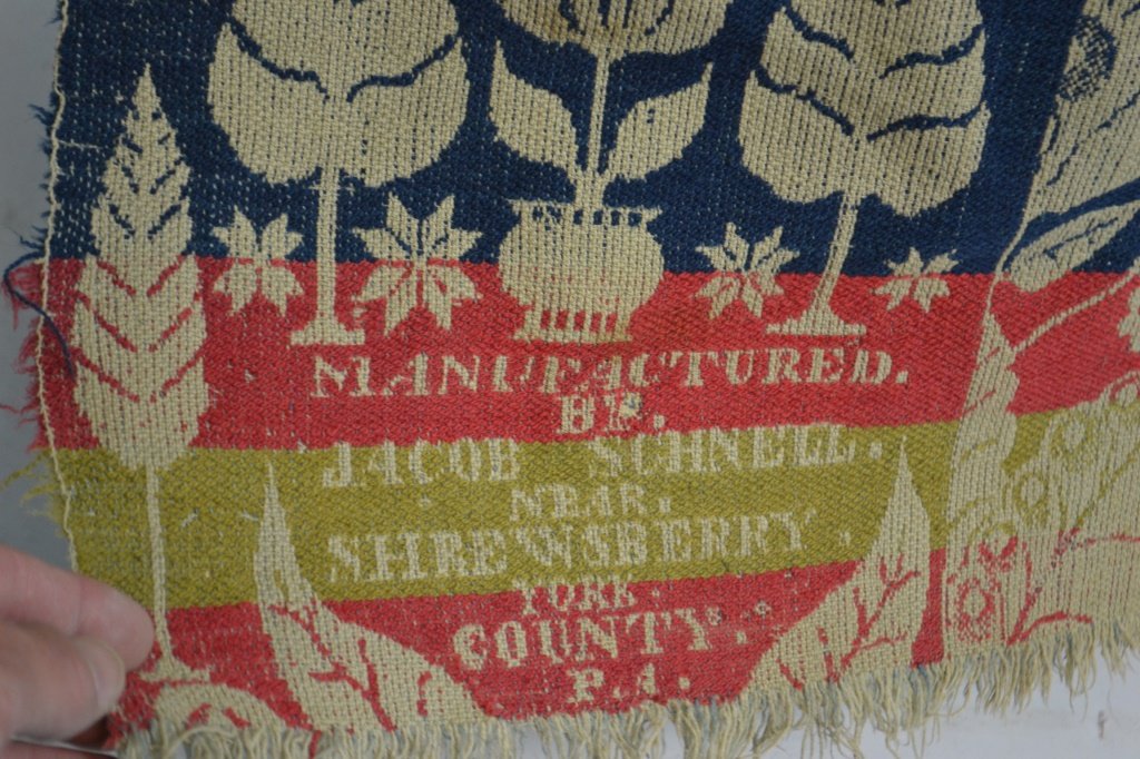 Jacob Schnell 1898 Jacquard Coverlet: Jacob Schnell Jacquard Coverlet manufactured in Shrewsbury PA in 1898, in poor condition with wear and some loss