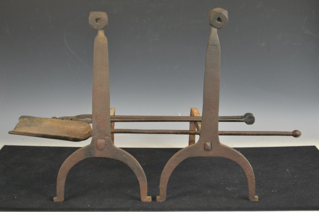 Pair of 18th C Gooseneck Andirons: Pair of 18th C Gooseneck Andirons along with a set of tongs and shovel Andirons measure 15"H