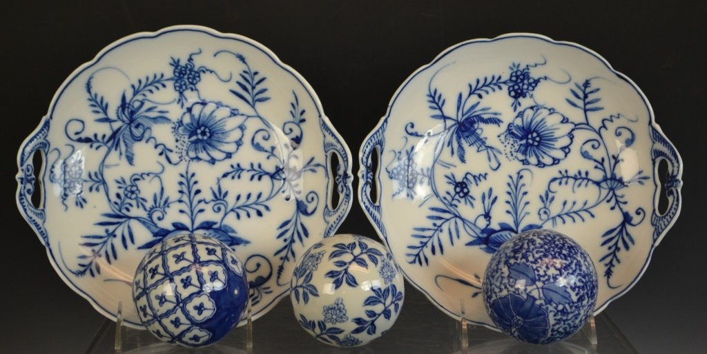 Pair of Meissen Type Fruit Dishes: Pair of Meissen type with pierced handles measuring 9" dia, along with three blue and white carpet balls