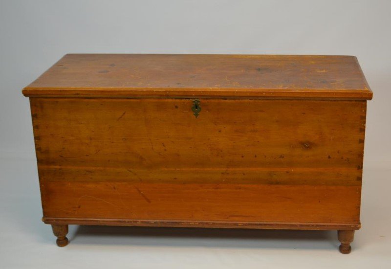 19th C Soft Wood Blanket Chest: 19th C Softwood blanket chest with early iron hinges, till, dovetail construction and turned feet measuring 26.5"H X 49.5" W X 21"D