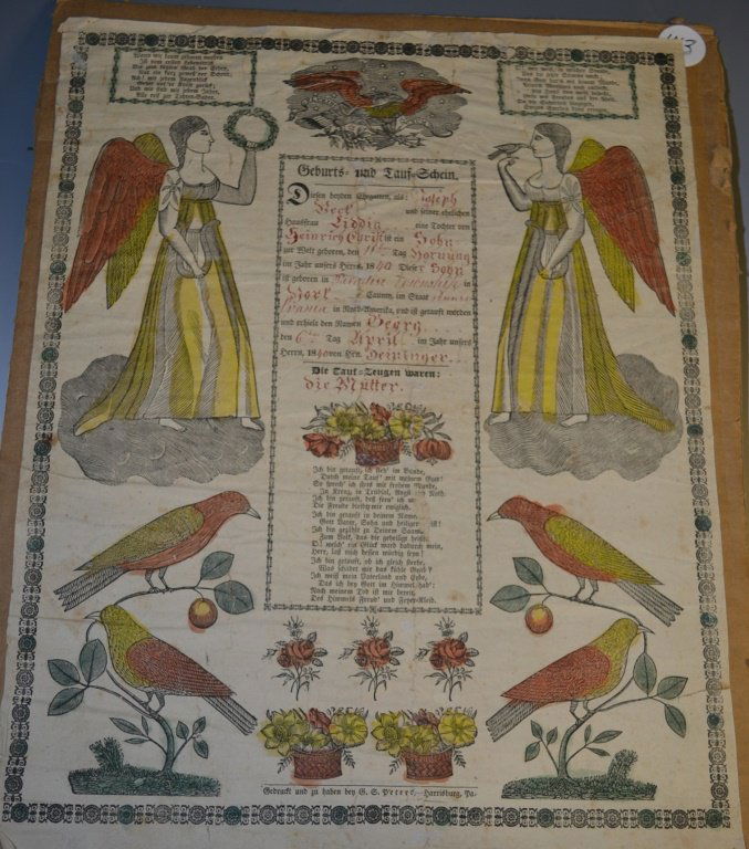 1840 G.S. Peters Printed and Hand Colored Fraktur: G.S. Peters printed and hand colored Fraktur, in the German language, celebrating the birth of a child in Paradise Township York County in the year 1840