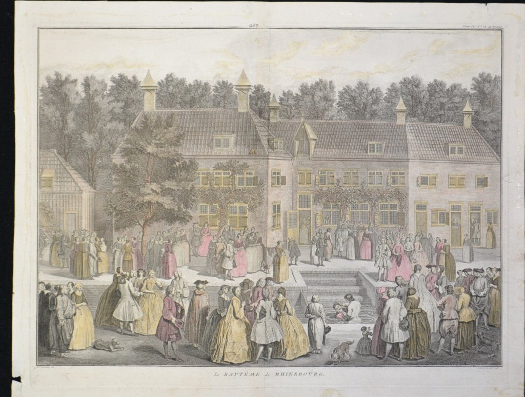 Le Bapteme de Rhinsbourg 18th C. Engraving: Le Bapteme de Rhinsbourg", antique copper engraving From Bernard Picart 1736 14.5" x 17 3/4