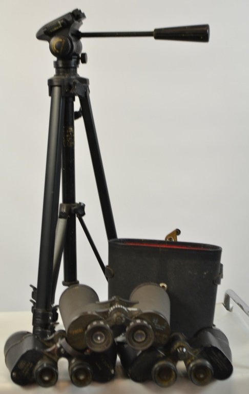 Antique Binoculars: Grouping of antique binoculars including: AK Aurora 7 x 50 , Mercury binoculars 10 x 50, and Focal binoculars with Siam cat optics 20 x 60, as well as a tripod and case for binoculars
