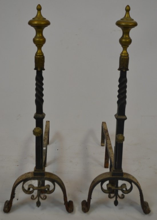 Pair of Scottish Andirons: Pair of Scottish Andirons, in Iron with Brass finials, 29"H x 28"D