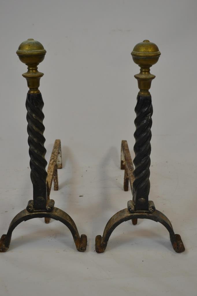 Pair of 19th C Iron and Brass Andirons w/ Barley: Pair of Iron and Brass Andirons with Barley twist stem and brass top, measuring 24"H x 28"D