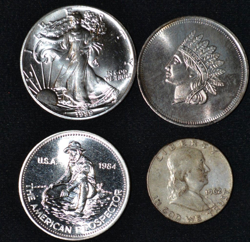 Three 1-oz 999 Silver Coins & 1962 Ben F 1/2 $ (1 of 1)