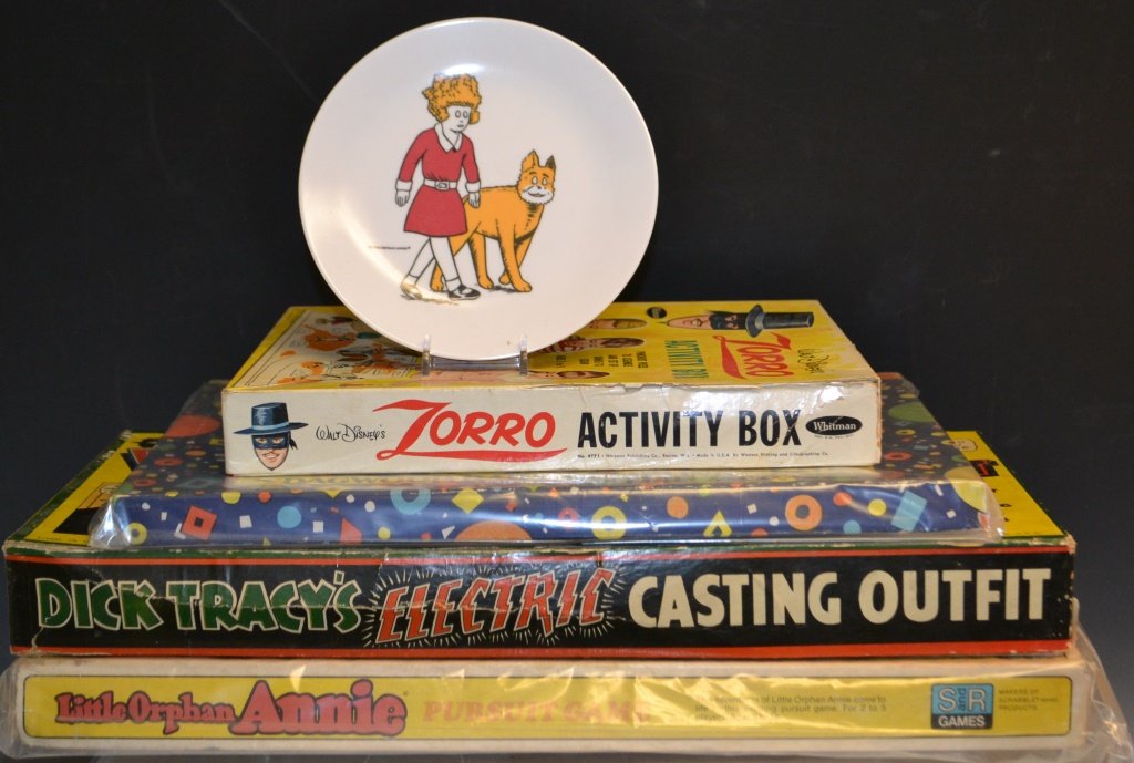 Collection Of Early Games & Activities: Collection Of Early Games & Activities including, Whiteman, Walt Disney Zorro activity box w/ punch out pieces, Little Orphan Annie Pursuit Game, Blodies peg set, Dick Tracey electric casting outfit