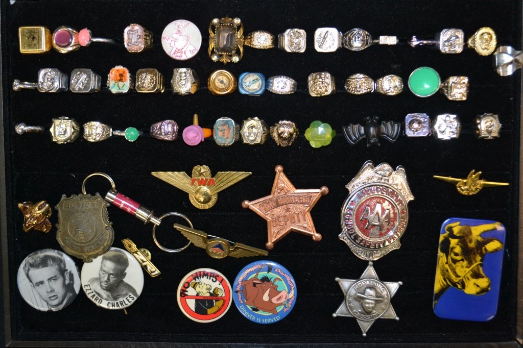 Grouping Of Early Premiums and Novelty Items: Grouping Of early Premiums and Novelty Items including; over 40 rings, Hopalong Cassidy badge, Roy Rogers deputy badge, Ezzard Charles pin, and others