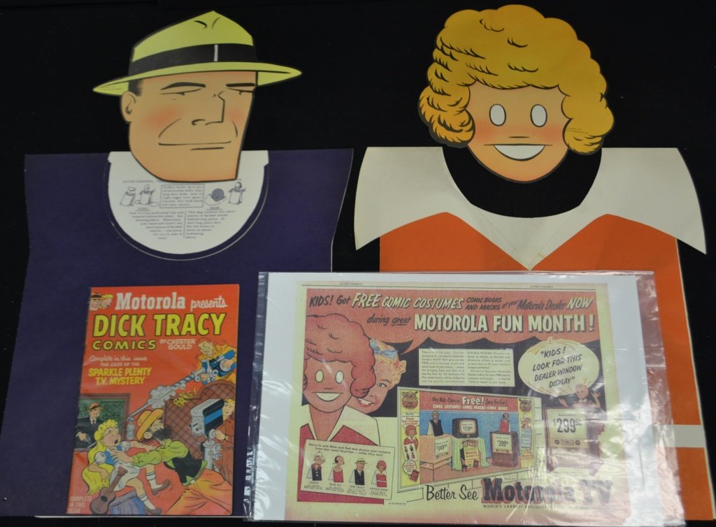 1950's Television, Comic Costume Premium: 1950's Television, Comic Costume Premium for Motorola T.V. including "Dick Tracey" , and "Orphan Annie", "Tunic and Mask", along w/ a copy of the Original Advertisement and a Dick Tracey Comic Book 2