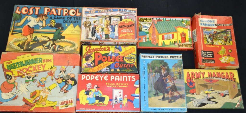 Collection Of Early Games and Activities: Collection Of Early Games and Activities Including, The Katzen Jammer Kids Hockey by Jaymar with cardboard and stand up and puck only, Build Rite House appears to be complete, Army Hanger , Build Rite