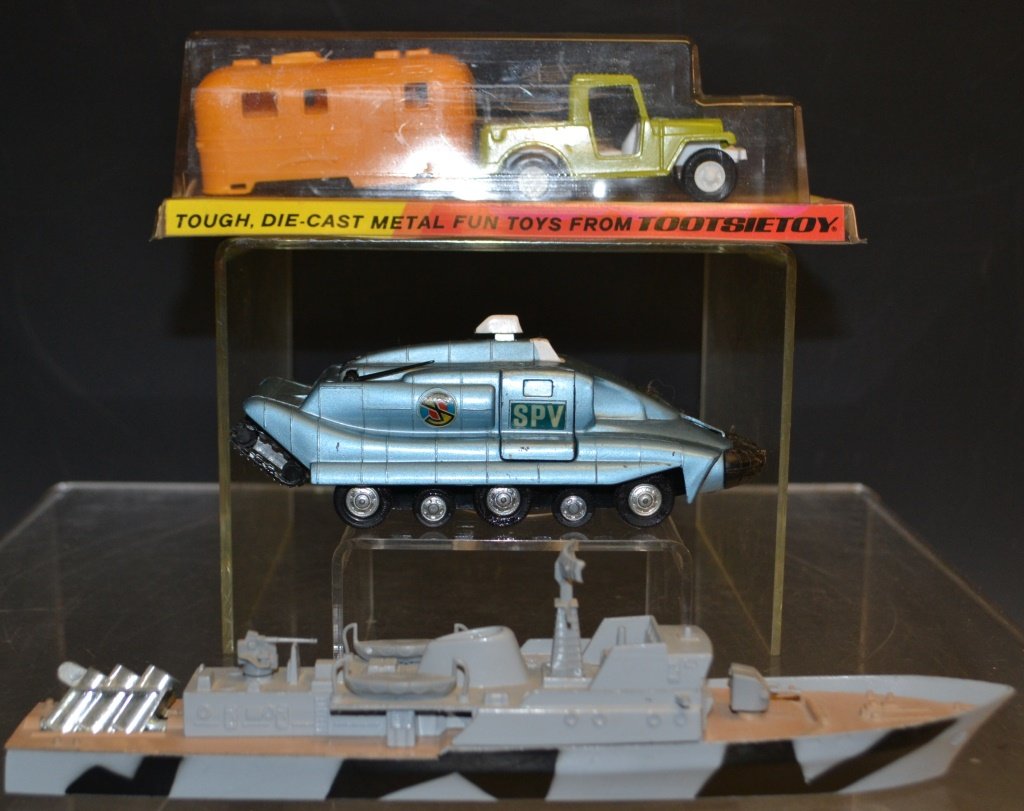 Two Vintage Dinky Toys, Tootsie Toy, and More: Two Vintage Dinky Toys including a Corvette Battleship and a Spectrum Pursuit Vehicle , Tootsietoy " Hitch- ups" die cast truck and plastic trailer