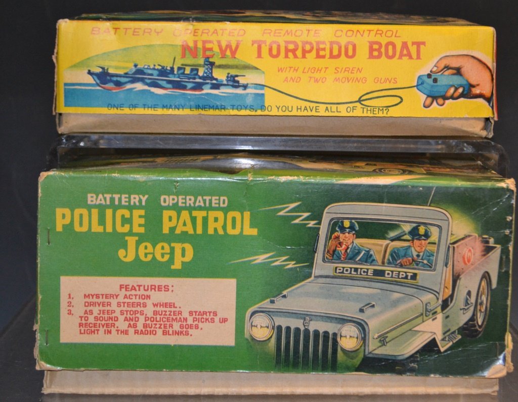 Two Vintage Battery Operated Toys: Two vintage battery operated toys including; "Manura Battery Operated Jeep" " Police Patrol Jeep", along with a Lin Mar Battery Operated Torpedo Boat ( as in found Condition) box for police jeep is in