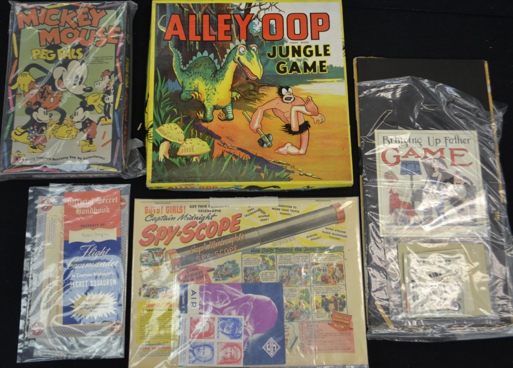 Captain Midnight Paper Lot and Board Games: Captain Midnight paper lot and board games, Captain Midnight Spy Scope, Mickey Mouse peg pals boxed game, Alley Oop jungle game, and Bring Up Father" game, (no box)