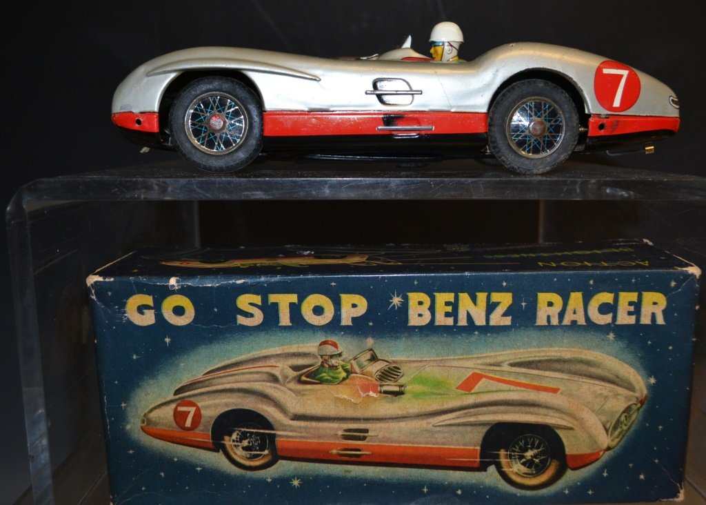 Japanese Tin Lotho Go Stop Benz Racer No.7: Tin Litho "Go Stop Benz Racer No. 7", Made in Japan, c1950's, battery op. - 10-1/2"L, toy In good condition w/ box (box in fair condition)