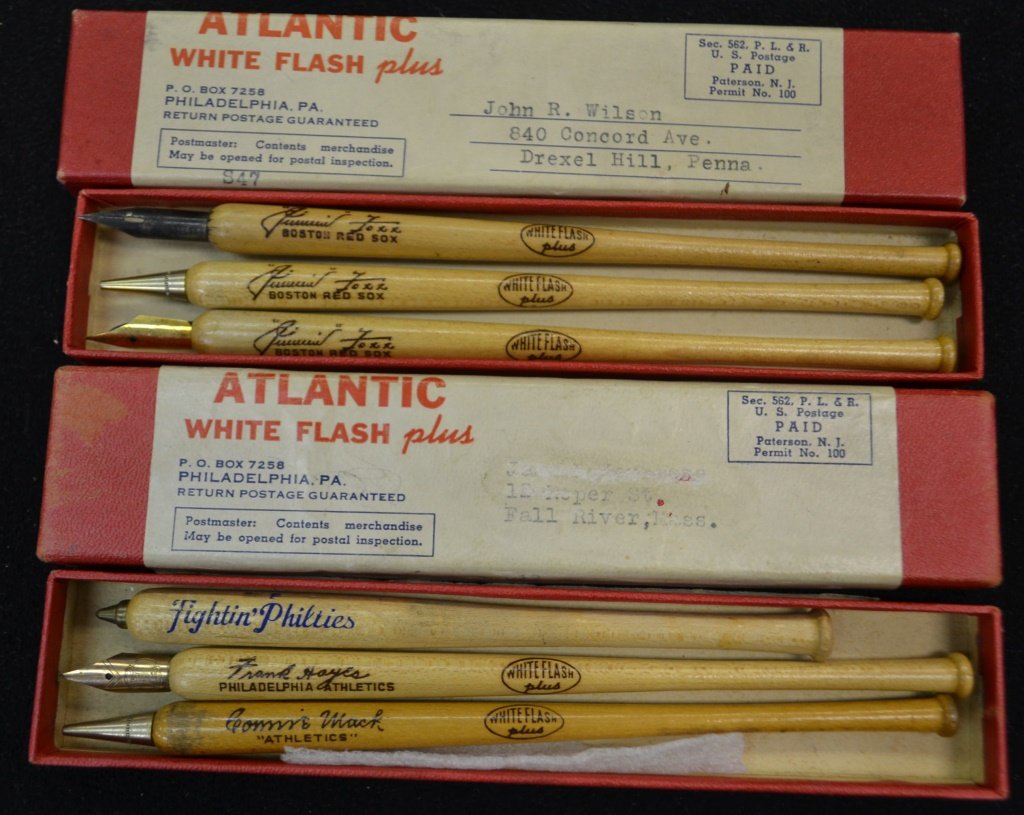 Six Baseball Bat Fountain Pen & Pencil: Three Boston Red Sox Jimmie Foxx and 3 Philadelphia Athletics, Frank Hayes, Connie Mack, and Fighting Phils; the six come with original shipping boxes, marked Atlantic White Flash Plus, measure 6.75"L