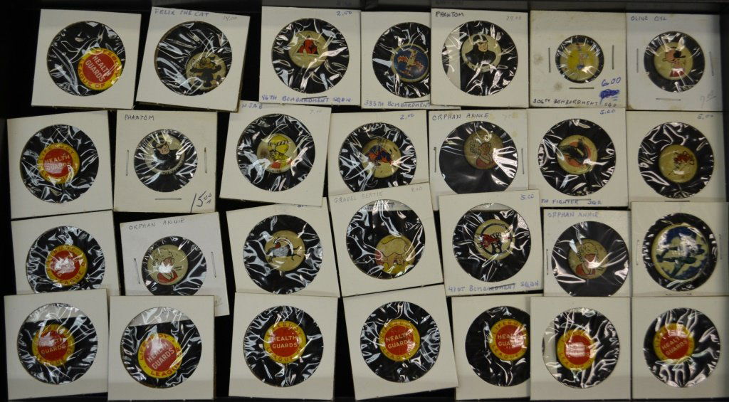 18 Kellogs PEP Pinbacks & More: 18 Kellogs PEP Pinbacks including; Felix the Cat, The Phantom, Orphan Annie, Gravel Gertle, 8 US Fighter/Bombing Squad Pins, & others, lot also includes 10 League of Lifebuoy Health Guards pins