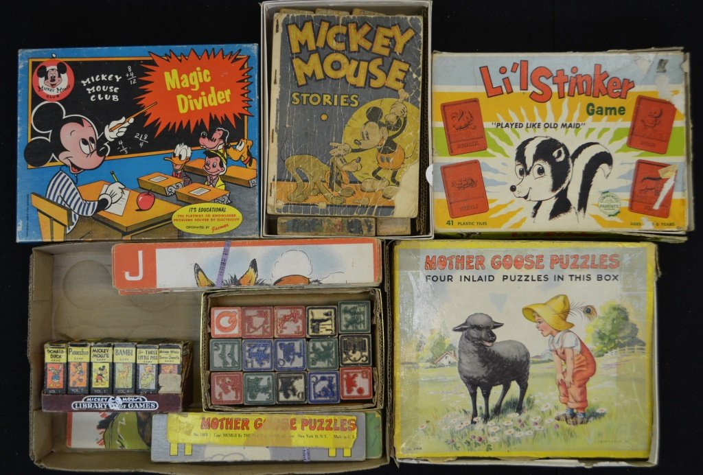 Collection of Early Games, Puzzles, & Book: Collection of Early Games and Puzzles includes picture block puzzles, Li-lstinker game, Mother Goose puzzle with 4 puzzles (box as-is), Mickey Mouse Club Magic Divider (box in good condition contents