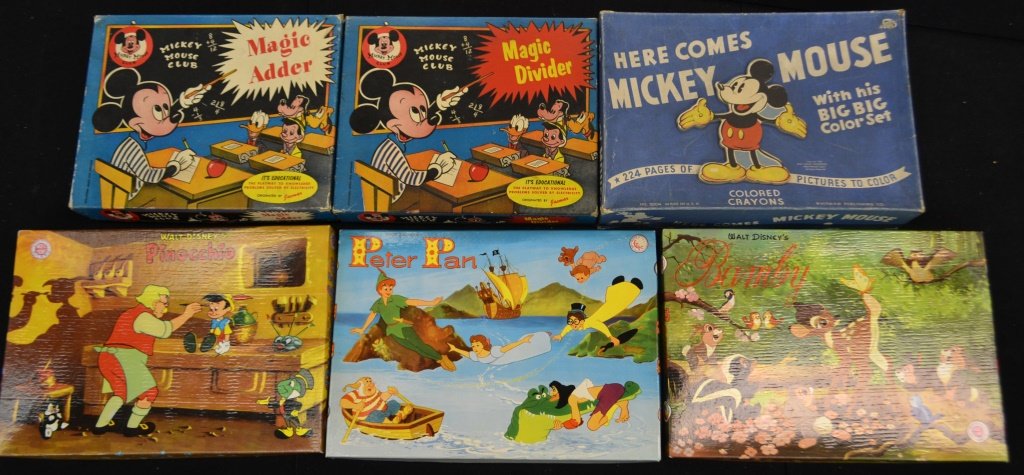 Six Early Walt Disney Activity Sets: Six early Walt Disney Activity Sets including "Mickey Mouse Club Magic Adder", "Mickey Mouse Club Magic Divider", "Walt Disney's Pinnochio Art" #350bis, "Walt Disney's Peter Pan Art" #717/bis, "Walt D