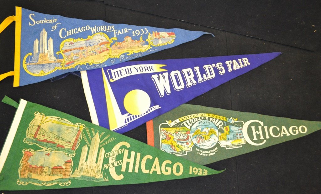4 World's Fair Pennants: 4 World's Fair Pennants including 1933 Chicago, New York, Century of Progress Chicago, and a souvenir of 1933 Chicago.