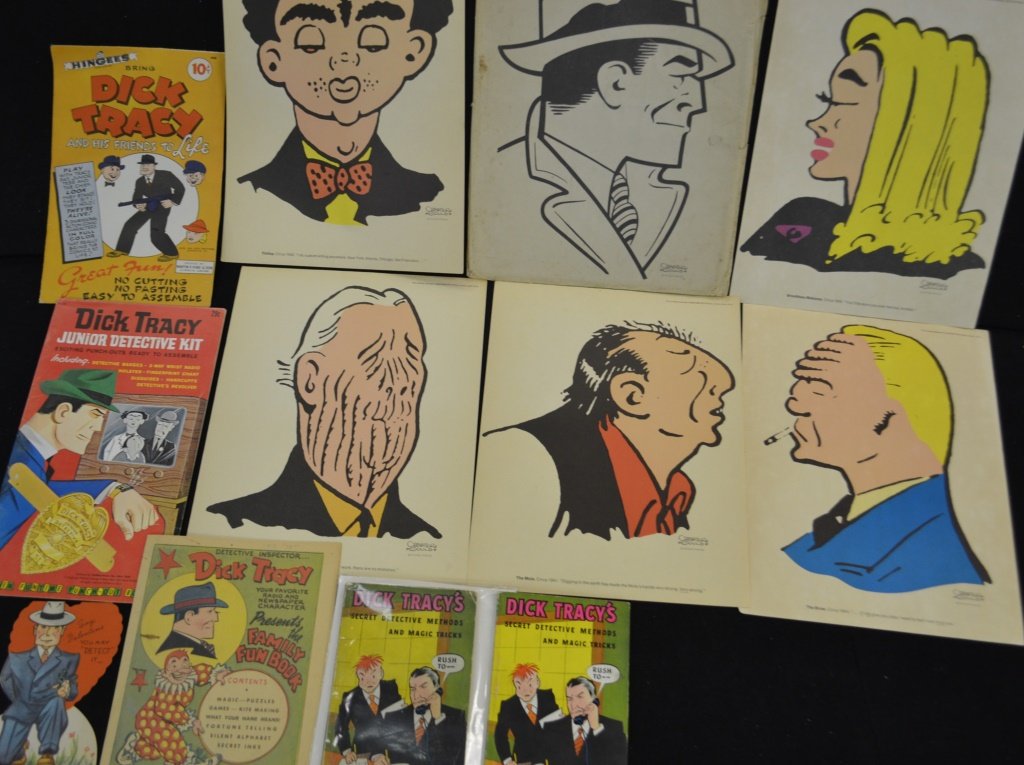 Collection of Dick Tracy Ephemera: Collection of Dick Tracy ephemera including; 1944 mailer with large pop art, paper doll cut-out, Junior Detective Kit, 2 Secret Detective Methods and Magic Tricks books, Valentine, & Family Fun Book