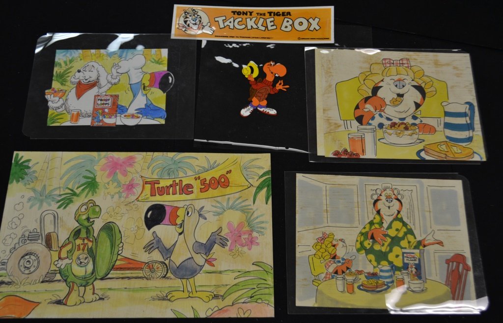 Collection of Cereal Ad Artist Proofs & Cels: Collection of cereal advertising artist proof work including; 2 Fruit Loops watercolors, 2 Frosted Flakes watercolors, Frosted Flakes Tony the Tiger Tackle Box cellophane over orange watercolor, and T