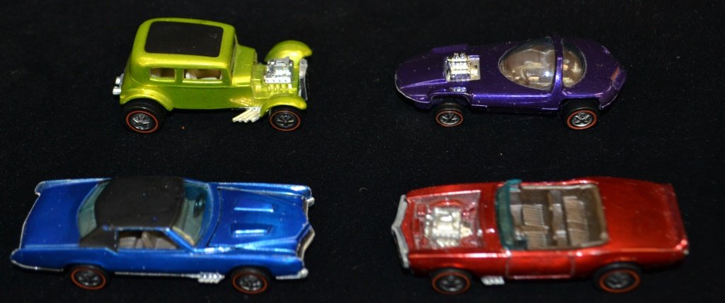 Grouping Of Vintage Red Line Hot Wheels: Grouping of vintage Red Line Hot Wheels including; purple Silhouette, Blue Custom El Dorado, Red light-dash-my dash Firebird, lime green classic Ertl, 32 Ford Vicky
