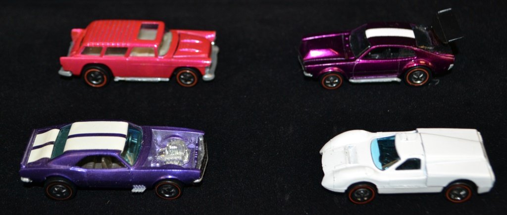 Grouping Of Vintage Red Line Hot Wheels: Grouping Of Vintage Red Line Hot Wheels including Purple MIghty Maverick, White Ford j-car, pink classic nomad, purple heavy Chevy