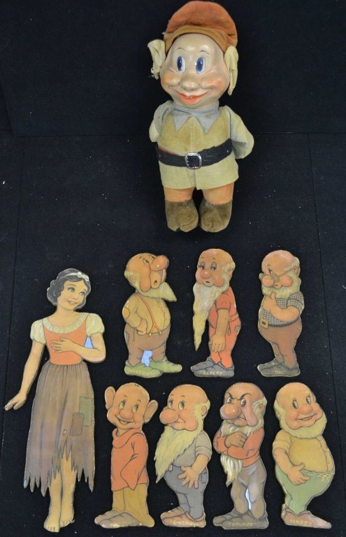 Dopey Composite Doll & Wood Dwarves Set: "Dopey" composite head doll with cloth ears (tear on left ear), hat, and body, as well as a wood set including all seven dwarves and Snow White (possibly hand crafted)