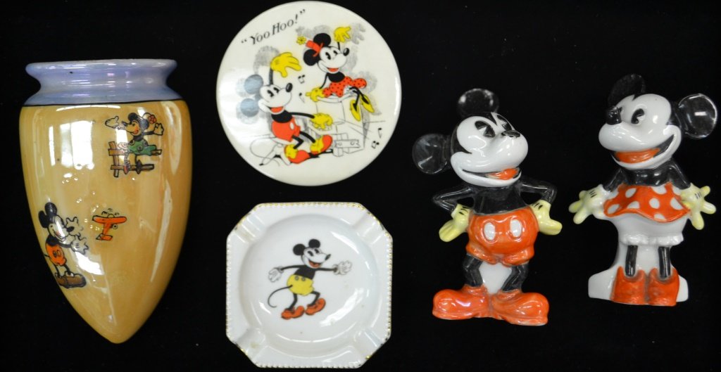 Vintage Walt Disney Items: Vintage Disney items including; pair of Mickey and Minnie porcelain bud vases, German Porcelain Mickey Mouse ashtray, Japanese Mickey wall pocket