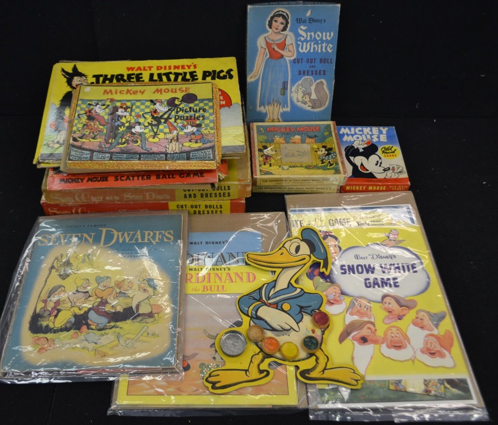 Collection Of Walt Disney Board Games & Activities: Collection Of Walt Disney Board Games & Activities; Mickey Mouse Painting Set, Mickey Mouse Picture Puzzle, Walt Disney Three Little Pigs Game, 2 Snow White & The Seven Dwarves Cut - Out Dresses, and