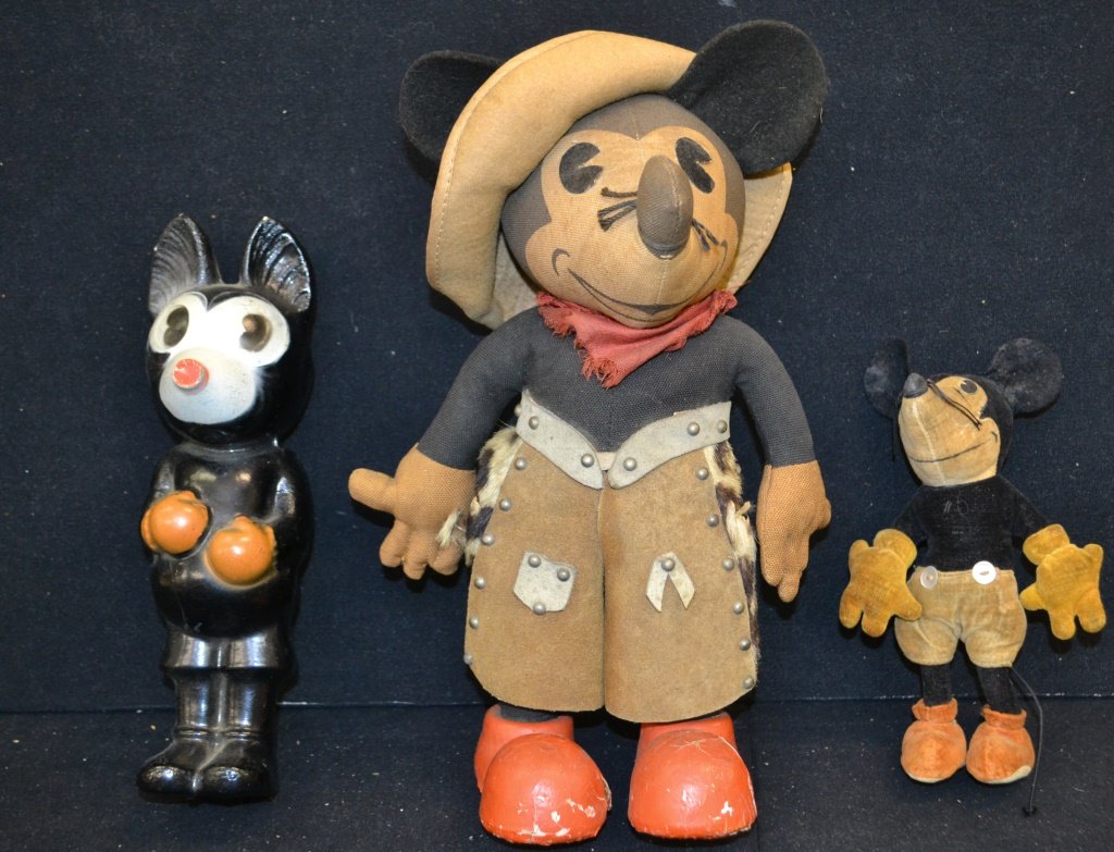 Three Vintage Mickey Mouse: Vintage Mickey Mouse including; stuffed cowboy Mickey Mouse, bisque Mickey Mouse, and another, c. 1938 and largest measures 11" h