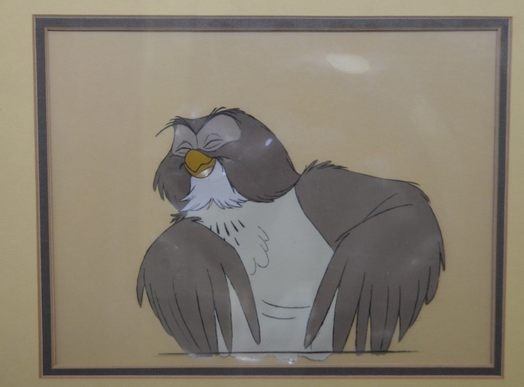 1966 Winnie the Pooh and the Honey Tree "Owl": Disney 1966 Winnie the Pooh and the Honey Tree "Owl" Production Cell with paint separation and crazing, image size is 6" h