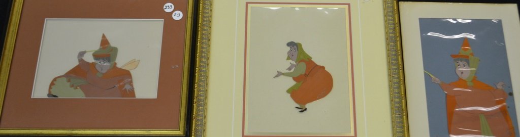 Three Disney Sleeping Beauty 1959 Production Cels: Three Walt Disney Sleeping Beauty 1959 Production Cels of the Fairy Godmother Fauna; image with wand to head has minor paint loss to forehead area and small area to shirt, Crouching image has paint lo