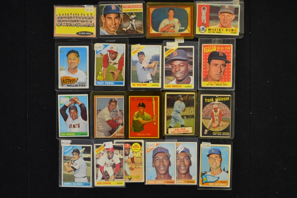 Twenty One 1960's Star Baseball Cards: Twenty One 1960's Star Baseball Cards including Ted Williams, Stan Musial, Nelly Fox, Babe Ruth, Frank Robinson, Bob Feller, Whity Ford, Gaylord Perry, Harmon Kilebrew, Bob Gibson, Ernie Banks, Don Dr