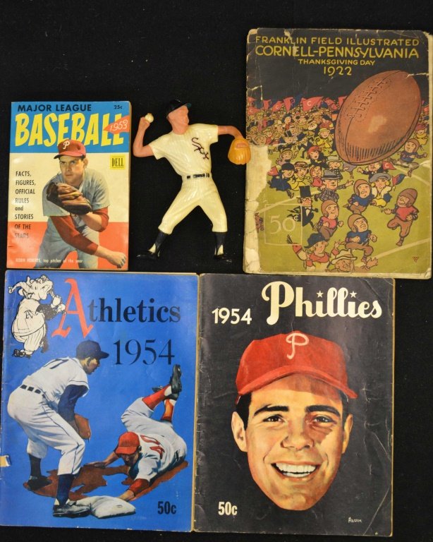 Grouping of Early Programs & Whitey Ford Figure: Grouping of Early Programs & Whitey Ford Figure including 1953 major league baseball stats books, 1922 Cornell- Pennsylvania Thanksgiving Day Program, 1954 Philadelphia Athletics Programs, 1954 Philad